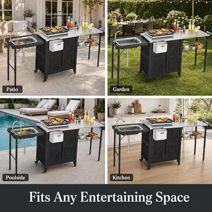 Outdoor Grill Cart with Storage Cabinet, 3-in-1 Movable Kitchen Island Cart, Outdoor Grill Cooking Station with Stainless Steel Countertop&Rolling Wheels&Folding Side Tables for Backyard Patio