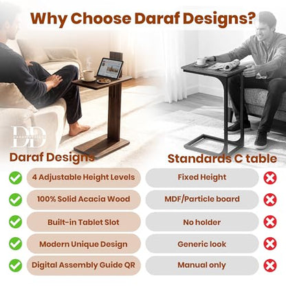 C Table, Premium Solid Acacia Wood, Adjustble Hight and Tablet Holder, Side Tabel for Sofa and Bad