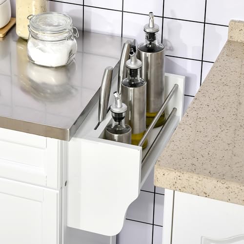 HOMCOM Kitchen Island on Wheels, Rolling Kitchen Cart with Stainless Steel Countertop, Drawer, Towel Rack and Spice Rack, Utility Storage Trolley, White - color: White