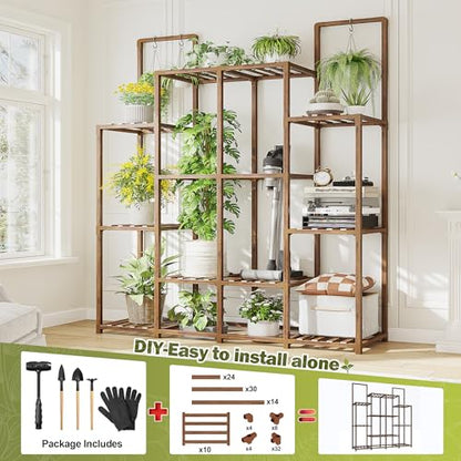 EnHomee Plant Stand, Hold 12-14 Pots, Waterproof Eucalyptus Wood | Easy to Assemble, Sturdy Enough, Without Wobble