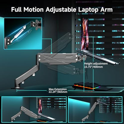 Pholiten 2 in 1 Laptop Desk Mount with Gas Spring Arm, Monitor Laptop Stand for 12-17 Inch Notebook and 13-32 Inch Computer Screen, Holds 22lbs, Full Motion with Vented Tray