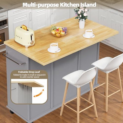 SUNLEI Rolling Kitchen Island Cart with Wheels, Island Table for Kitchen, Farmhouse Kitchen Cart with Drop Leaf & Towel Rack & Drawer, Kitchen Islands Table with Storage Cabinet, Grey - style: Grey
