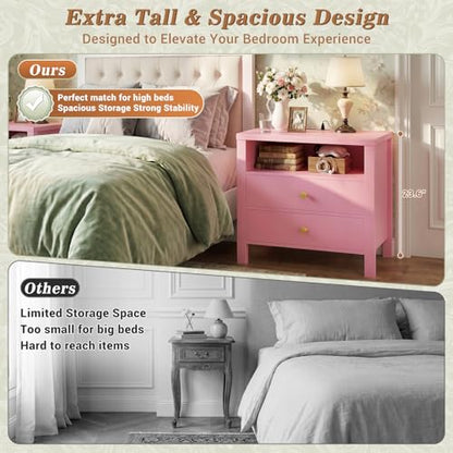 Aheaplus Nightstand with Charging Station, 23.6'' Large Bed Side Table with Wooden 2 Drawers, Night Stand for Bedroom, End Table with Open Storage Shelf for Living Room, Set of 2, Pink - color: Pink
