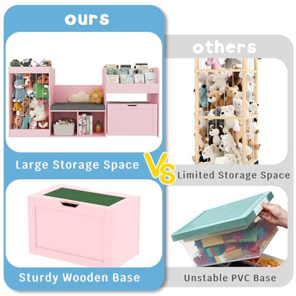 VontinT 68.9"W Kids Toy Storage Reading Nook with Bookshelf & Drawer,Wooden | 3 Tiered Bookshelf, Rolling Box with Building Baseplate Play Lid for Lego, 122L Stuffed Holder, Bench&Cushion for Kids, Pink - color: Pink