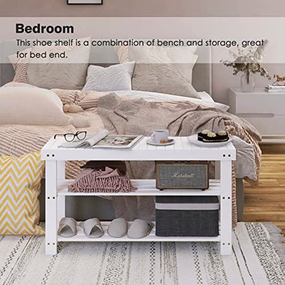 SMIBUY Bamboo Shoe Rack Bench, 3-Tier Shoe Organizer Storage Shelf for Entryway Hallway Bathroom Living Room (White) - color: White