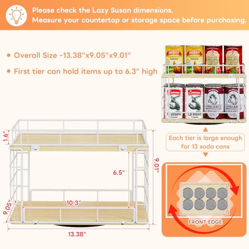 360° Lazy Susan Can Organizer, 2-Tier Rotating Metal Wire Wood Can Rack Holder, Kitchen Pantry Cabinet Countertop Turntable Storage Shelf, Hold 26 Soda Cans Food Beverage Cans Organizer, White - color: White