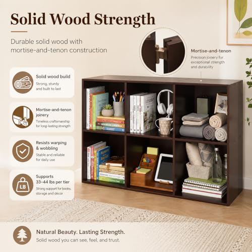 6-Cube Bookcase, 2-Tier Solid Wood Storage Organizer Brown 35.4in | Open Bookcase for Bedroom, Study, Bookstore & Office
