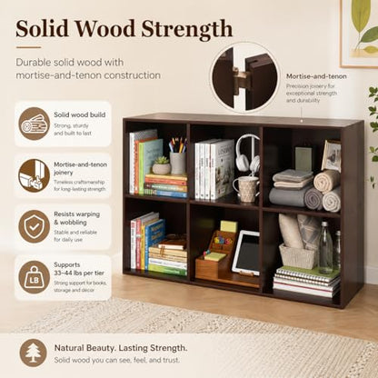 6-Cube Bookcase, 2-Tier Solid Wood Storage Organizer Brown 35.4in | Open Bookcase for Bedroom, Study, Bookstore & Office