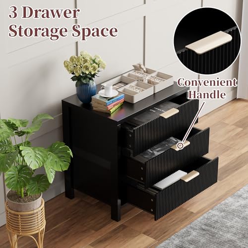 Fluted Nightstand, 23.7'' Wide Night Stand with 3 Drawers, Mid-Century Modern Bedside Table with Handles, Wood End Table for Bedroom, Black