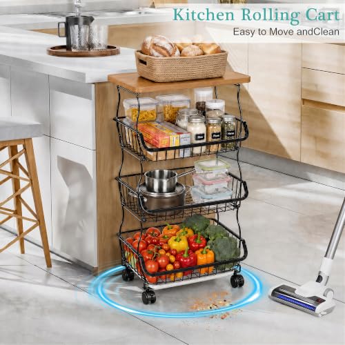 VECELO 4-Tier Fruit Basket with Wheels, Fruit and Vegetable Storage Cart for Kithchen, Stackable Produce Organizer Wire Baskets for Kitchen, Pantry, Living Room - size: 4 Tiers