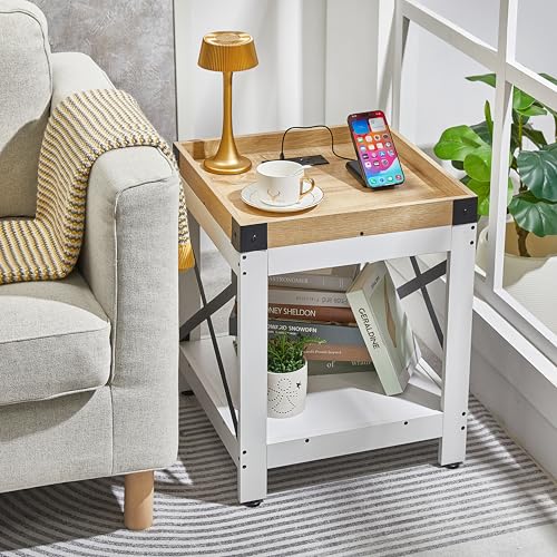 Farmhouse Square 2 Tier Side Table with Charging Station,White+Oak | End Table Sofa Table With X-Metal Frame Industrial Coffee Table Nightstand for Living Room Bedroom Small Spaces - color: White+oak, style: With Outlets