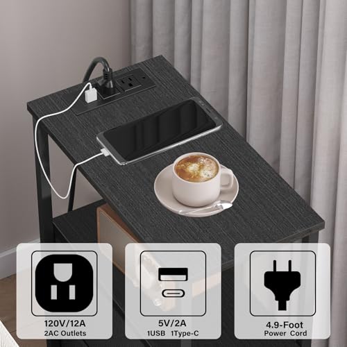 TUTOTAK Small Narrow LED End Table with Charging Station, Side Table Outlets, Nightstand with 2 Cloth Drawers, Set of 2, Couch Table, for Living Room, Bedroom, Bedside, Black TB01BK056 - color: Black, style: 2 Drawers with Plug & Light
