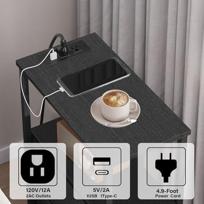 TUTOTAK Narrow LED End Table, Skinny Side Table with Charging Station | Bedside Table with Outlets, Slim Nightstand with 2 Cloth Drawers for Small Space, Living Room, Bedroom, Black TB01BK085L - color: Black, size: 1 Pack (2 Drawers), style: Plug & LED