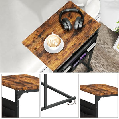C Shaped End Table, Small Side Table with Storage Bag for Couch, Sofa Table with Metal Frame for Living Room and Bedroom Bedside, Rustic Brown ZER-007Br - color: Brown