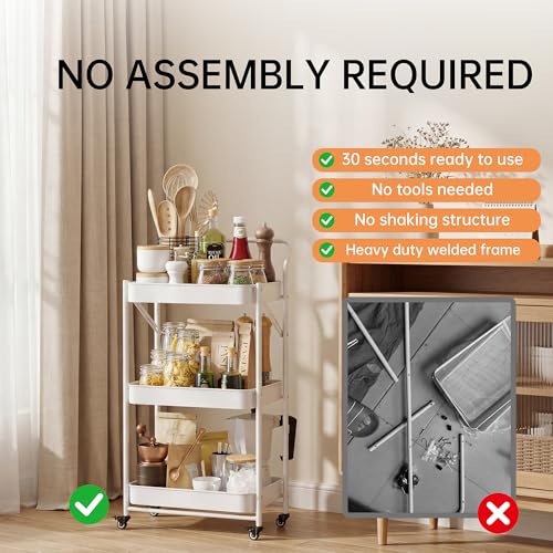 JAQ Foldable Rolling Cart, 3-Tier No Assembly Metal Utility Cart with Handle, Heavy Duty Folding Storage Trolley Organizer on Wheels for Kitchen, Office, Craft Art, Baby Diaper, Snacks, Books, White - color: White /3-tier