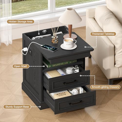 18" Farmhouse Accent Nightstand with Charging Station, Black | End Table with 3 Drawers Storage, Side Table, Bedside Cabinet for LivingRoom Bedroom Office - color: Black