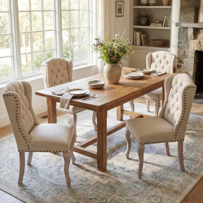 chairus Tufted Parsons Dining Chairs Set of 6, French Country Upholstered Dining Room Chairs with Nailhead Trim & Curved Wood Legs, Farmhouse High Back Armless Side Kitchen Chairs, Beige Linen - color: Beige