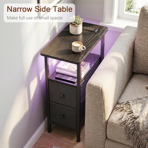 LOAKEKEL Narrow Nightstand with Charging Station, End Tables Living Room | Set of 2, Skinny Side Table with 2 Fabric Drawers, Small Sofa Table with LED Light for Bedroom, Black - color: Black, style: Power + Light