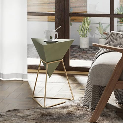 COZAYH Modern Geometric End Table with Wooden Top and Golden Metal Base, Unique Pyramid Side Table Plant Stand for Office, Living Room, Bedroom, Fully Assembled, Triangle, Green - color: Green