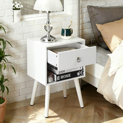 Bonnlo White Nightstand Set of 2, Modern Bedside Table with Drawer Open Shelf, End Table with Solid Wood Legs for Bedroom, - color: White, size: 1 Drawer 1 Shelf