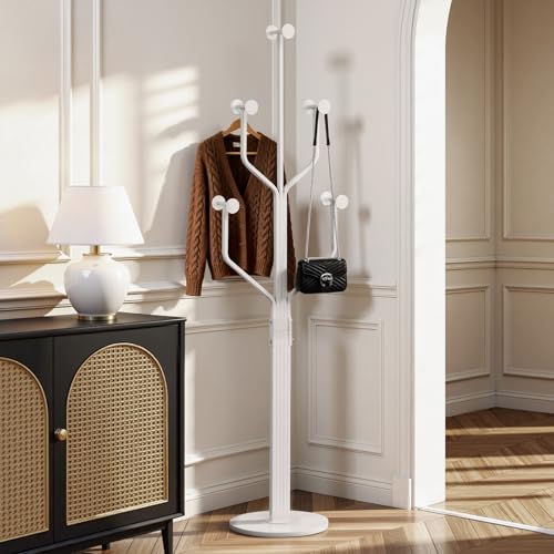 Coat Rack Freestanding Metal Coat Tree with 10 Hooks, White | Heavy Duty Standing Coat Rack, Stainless Steel Marble Base, Coat Hanger Stand for Bedroom Entryway Hallway, Hat, Bags - color: White
