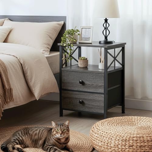 AMHANCIBLE Nightstands Set of 2, Large Night Stand with Charging Station | Bedside Table with 2 Fabric Drawers, End Side Tables Living Room, with Open Shelf, USB Ports Outlets, for Bedroom, Dark Grey - color: Dark Grey