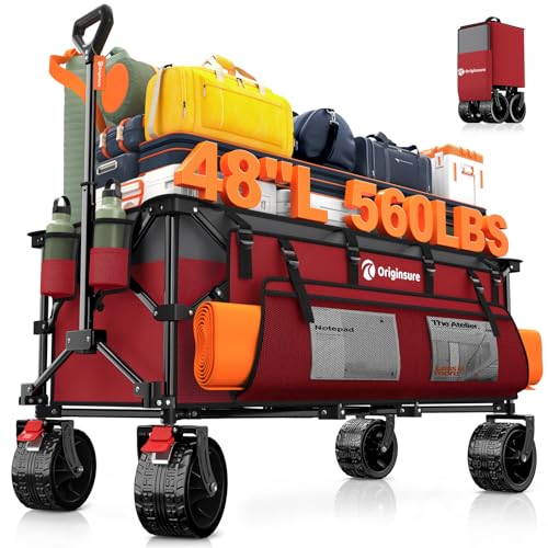 Originsure 300L Foldable Beach Wagon Cart with Big Wheels, 560lbs, Grey&Red | 48" Folding Utility Wagon,7" All-Terrain Wheels,Heavy Duty Frame,Compact&Space-Saving,for Camping,Sports,Grocery,Garden - color: Red&grey