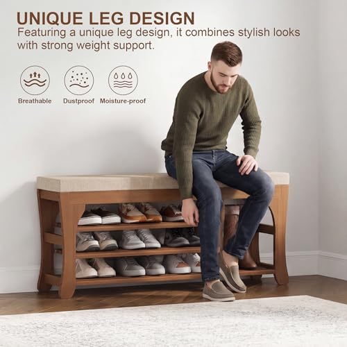 PETKABOO 39.4" Shoe Storage Bench with Cushion, 3-Tier Shoe Rack Bench with Adjustable Shelf, 400 LB Capacity, Boot Storage Compartment, Shoe Organizer for Entryway, Hallway, Bedroom, Closet - size: 39.4" with Boot Slot