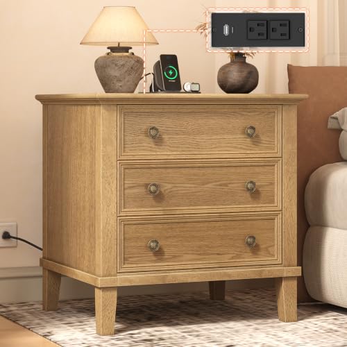 IKENO Solid Wood Nightstand with 3 Drawers, Tall Leg Bedside Table with Charging Station, Farmhouse Night Stand with Wood Slide Rail, Anti-Scratch Foot Pads for Bedroom，Teak - color: Teak