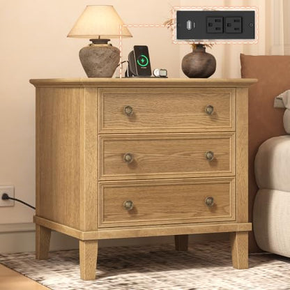 IKENO Solid Wood Nightstand with 3 Drawers, Tall Leg Bedside Table with Charging Station, Farmhouse Night Stand with Wood Slide Rail, Anti-Scratch Foot Pads for Bedroom，Teak - color: Teak