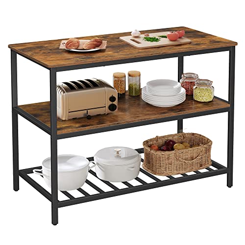 VASAGLE Kitchen Island with 3 Shelves, 47.2 Inches Width Kitchen Shelf with Large Worktop, Stable Steel Structure, Industrial, Easy to Assemble, Rustic Brown and Black UKKI01BX - color: Rustic Brown + Black, size: 47.2"W x 35.4"H, style: without Power Out