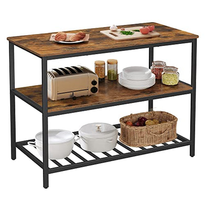 VASAGLE Kitchen Island with 3 Shelves, 47.2 Inches Width Kitchen Shelf with Large Worktop, Stable Steel Structure, Industrial, Easy to Assemble, Rustic Brown and Black UKKI01BX - color: Rustic Brown + Black, size: 47.2"W x 35.4"H, style: without Power Out