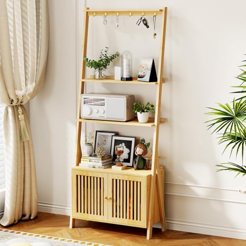 Bookcase with Drawers, 4-Tier Bamboo Bookshelf Ladder Shelf with 6 Hooks, Tall Narrow Book Shelf, 24.8"L x 10.6"W x 59.5"H, Standing Storage Organizer for Living Room, Home Office, Bedroom, Bathroom - color: 4-tier Natural