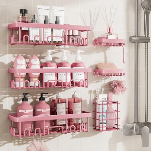 Veken Large Capacity Shower Caddy 6-Pack, No Drilling & Rustproof, Adhesive Shower Shelves with Soap Holder, Bathroom Organizers and Storage, Wall-Mounted Kitchen & Home Decor, Pink - color: Pink