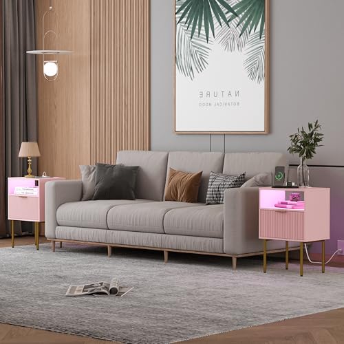 JOONEE Modern Nightstand with Charging Station and LED Lights, White Bedside Table with Drawer, Fluted Side Table for Living Room, Bedroom - color: Pink