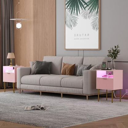 JOONEE Modern Nightstand with Charging Station and LED Lights, White Bedside Table with Drawer, Fluted Side Table for Living Room, Bedroom - color: Pink