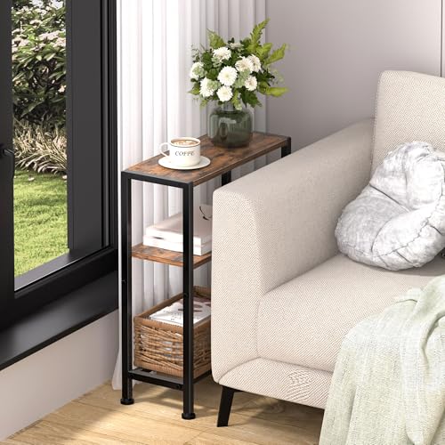 Narrow Side Table Set of 2 for Small Space, 2-Tier Small End Table with Shelf Holder, Slim Nightstand, Skinny Snack Couch Table in Living Room, Bedroom, Study, Kitchen and Balcony (Rustic Brown) - color: Rustic Brown