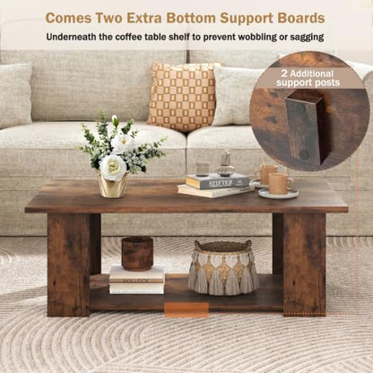 POWERSTONE 41 Inch 2-Tier Coffee Table with Storage Shelf, Wood Farmhouse Center Table with L Legs & Extra Bottom Support for Living Room, Rustic Brown - color: Rustic Brown