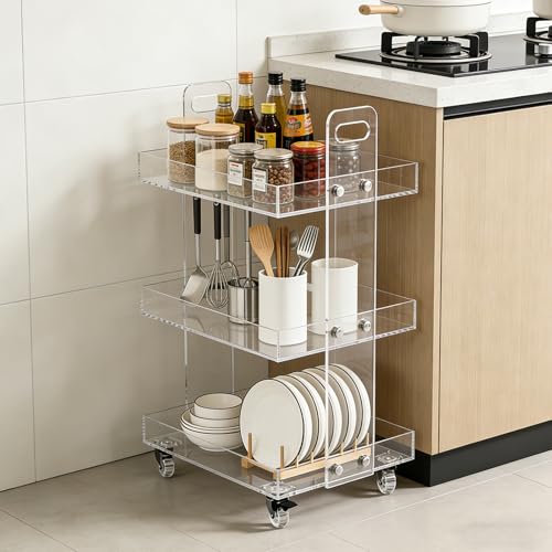 3-Tier Acrylic Utility Rolling Cart,Clear Multifunction Storage Organizer on Wheels Mobile Trolly Side Table for Home Kitchen Bathroom Living Room,Narrow Space Snack Cart