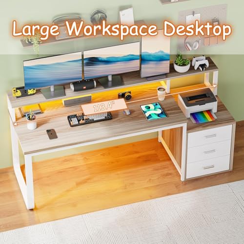 HOMBCK 67" Computer Desk with 3 Drawers, Home Office Desk with Long Monitor Stand and Printer Space, Office Desk with Storage & LED Lights, Writing Desk with Drawers, Walnut and White - color: Walnut and White