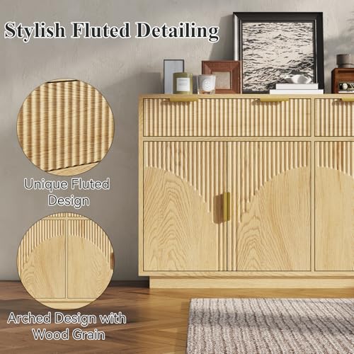 Fluted Buffet Cabinet with Storage, 55” Sideboard Cabinet with 2 Drawers | Modern Buffet Table with Arched Design Doors & Adjustable Shelves, Wooden Coffee Bar Accent Cabinet for Kitchen, Dining Room