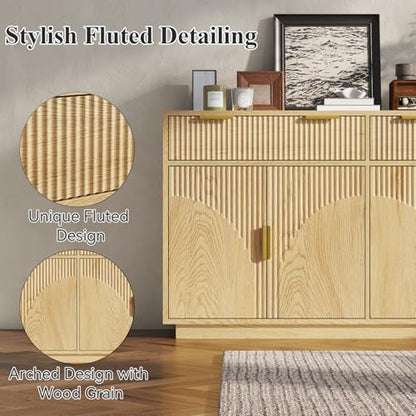Fluted Buffet Cabinet with Storage, 55” Sideboard Cabinet with 2 Drawers | Modern Buffet Table with Arched Design Doors & Adjustable Shelves, Wooden Coffee Bar Accent Cabinet for Kitchen, Dining Room