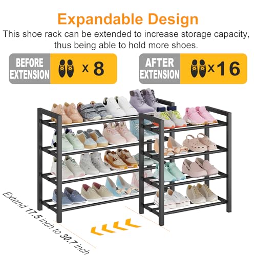 4-Tier Expandable Metal Shoe Rack for Closet & Entryway, Shoe Organizer | Shoe Storage • Adjustable Width • Holds 6–9 Pairs • Heavy-Duty Steel • Space-Saving Design • Tool-free • Easy Assembly - size: 4 Tiers