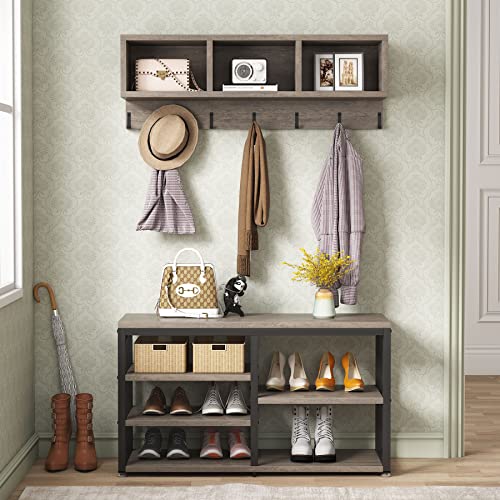 Tribesigns Coat Rack Shoe Bench Set Industrial, Hall Tree with 3 Storage Cubbies, 7 Hooks for Entryway, Hallway, 5-in-1Design, Vintage Grey - color: Vintage Grey