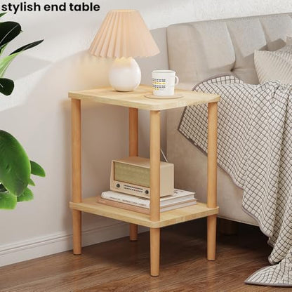 Solid Wood Side Table, Small End Table, Narrow Nightstand Bedside Table | 2-Tiers Real Oak Wood Table for Small Spaces, Bedroom, Living Room, Farmhouse, No-Tool Assembly.