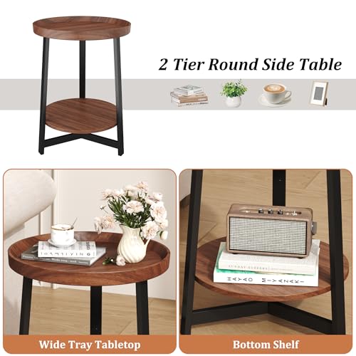 Industrial 2 Tier Round Side Table with Storage Shelf,Accent Tray End Table with Triangular Metal Support, Nightstand Bedside Sofa Table for Living Room, Bedroom, Balcony, Cherry - color: Cherry, style: No Charging Station