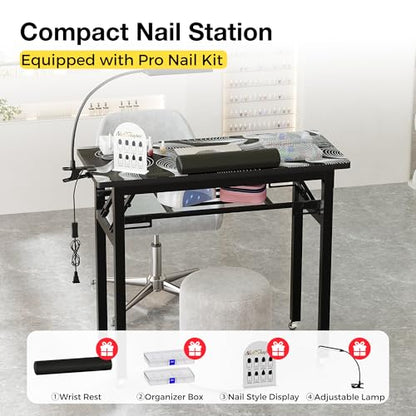 Portable Foldable Manicure Table with Dust Collector, Rolling Nail Tech Desk with LED Lamp, Wrist Rest, Lockable Wheels & Carrying Case for Home Salon, Travel & Mobile Nail Techs (Black White Wave) - color: Black White Wave