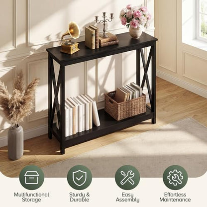 JupiterForce 39.4'' Entryway Table Console Table, 2-Tier Narrow Sofa Side Table with Storage Shelves for Entryway, Living Room, Hallway, Office, Foyer, Space Saving (Black) - color: Black