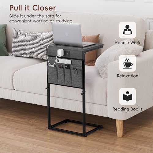 Vagusicc C-Shaped End Table with Charging Station, Small Side Table for Couch, 33" Tall Adjustable Height C Table, Couch Tables that Slide Under, Sofa Table TV Tray for Living Room, Gray Walnut - color: 1pc Gray Walnut