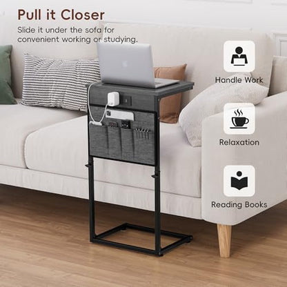 Vagusicc C-Shaped End Table Set of 2 with Charging Station, Small Side Table for Couch, Adjustable Height Couch Side Table, Slide Under Sofa Table TV Tray for Living Room,Bedroom,Bedside, Gray Walnut - color: 2pc Gray Walnut